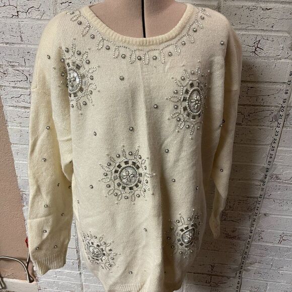 Vintage Marisa Christina Lambswool Angora Beaded Sequin Cream Sweater Size L - Picture 1 of 13